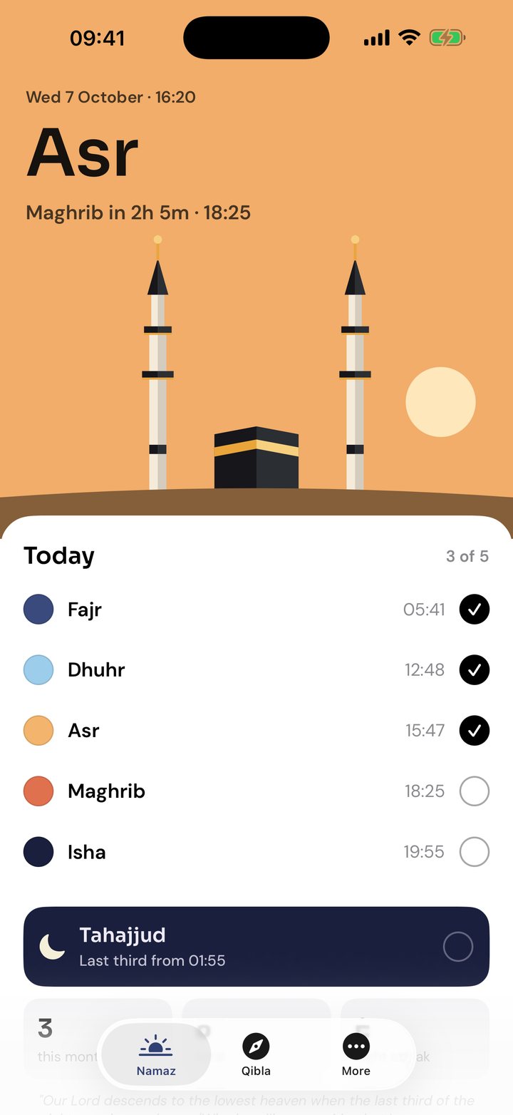 Tahir at Asr: an amber sky over two minarets and the Kaabah, with Maghrib in 2 hours 7 minutes and today's prayers below, three of five ticked off.