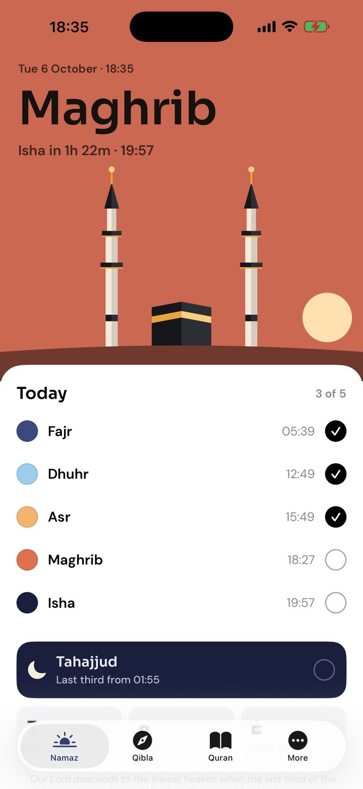Tahir at Maghrib: a red evening sky with the sun setting beside the minarets, and Isha in 1 hour 22 minutes.